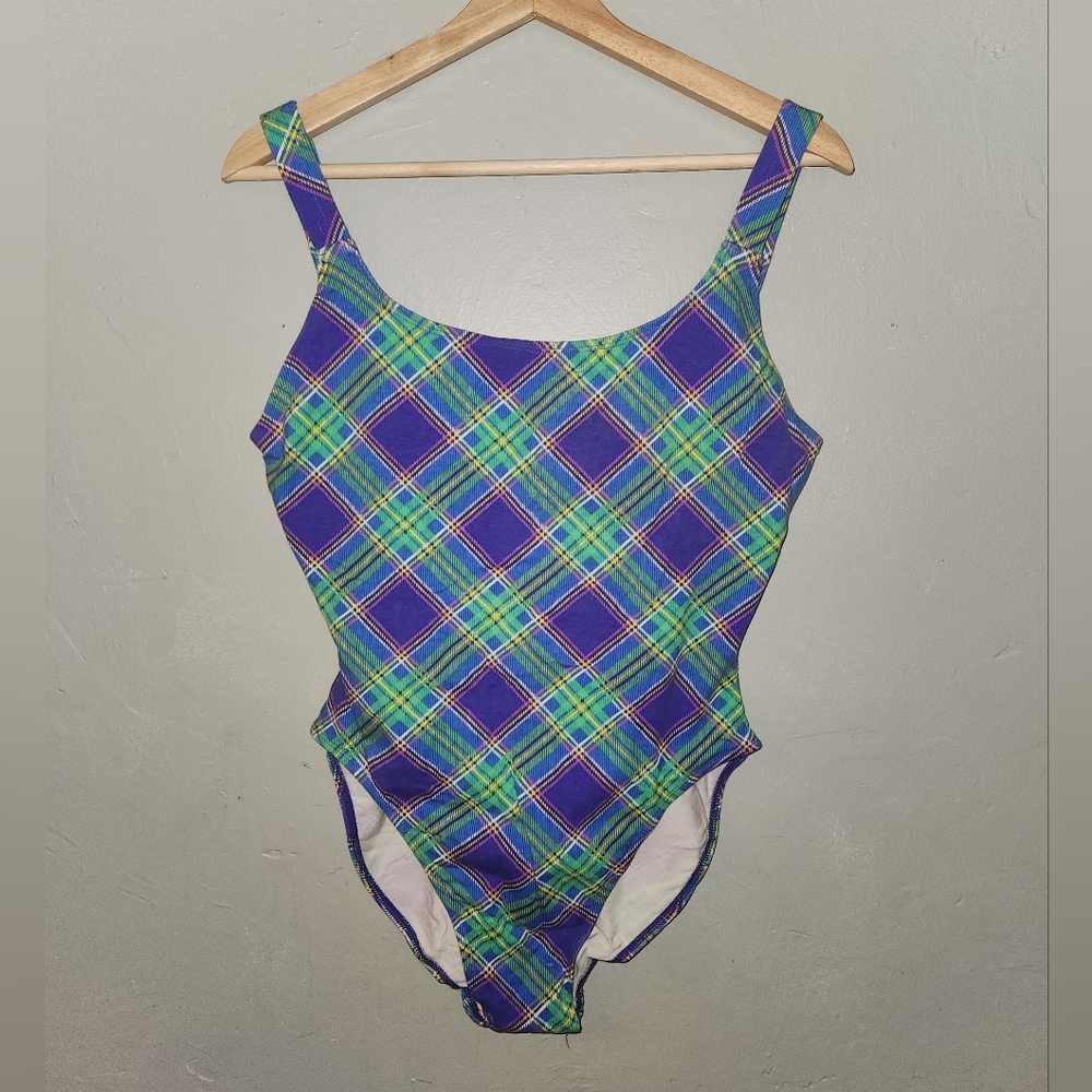 Vintage Gitano 1980s 1990s Cotton Blend Plaid One Piece Swimsuit
